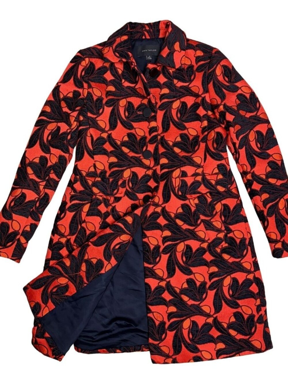 ANN TAYLOR Long Trench Pea Coat Orange Floral Business Casual Jacket Womens XS